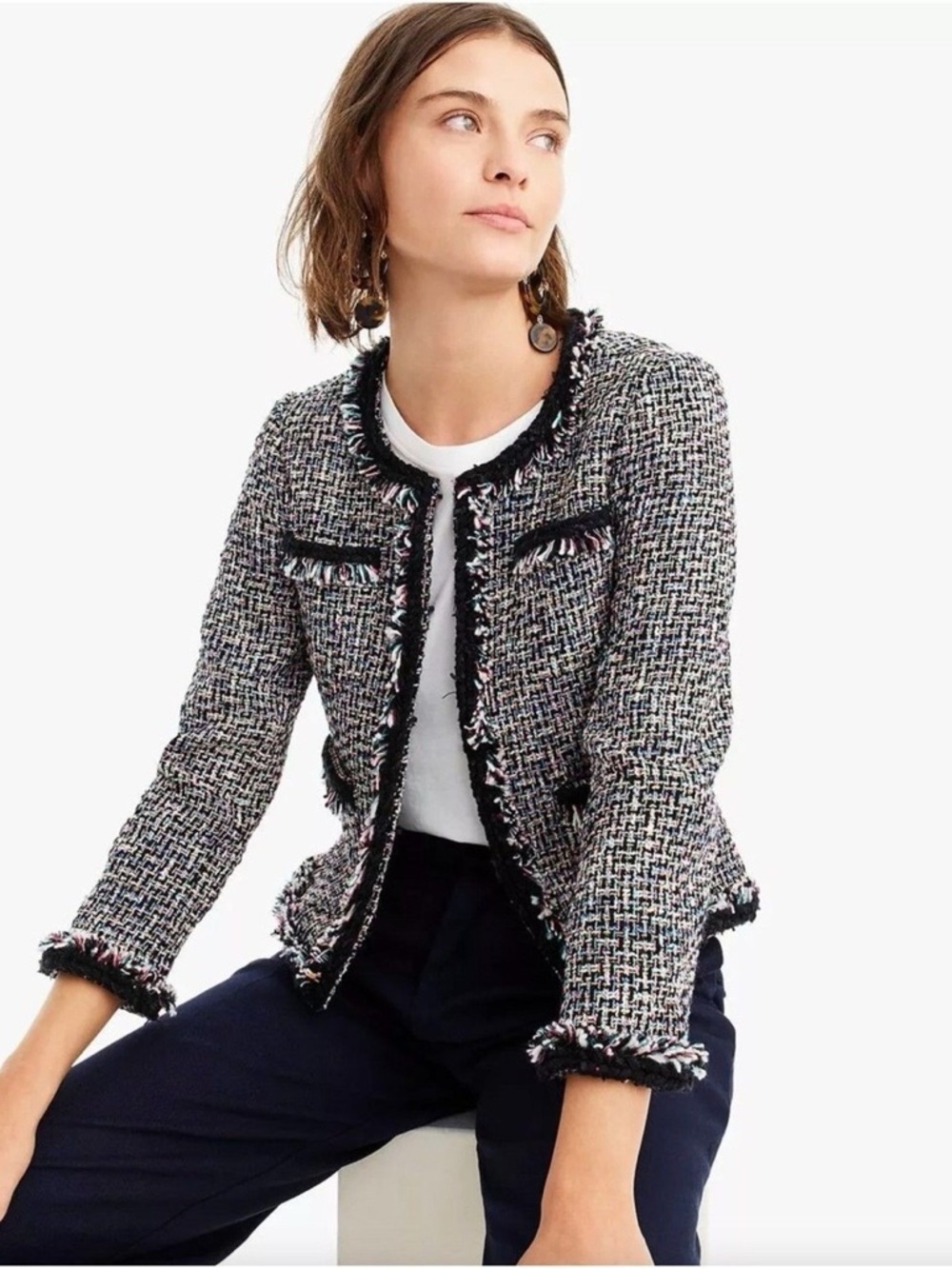 J. Crew Lady Metallic Black & White Tweed Fringe Collarless Blazer